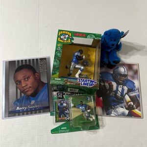 Barry Sanders Lot W/ 2 Starting Lineup Figures, Beanie Baby, And 2 Large Cards